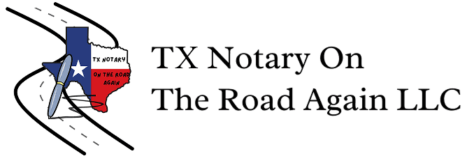 Logo for TX Notary with tagline The Road Ahead.