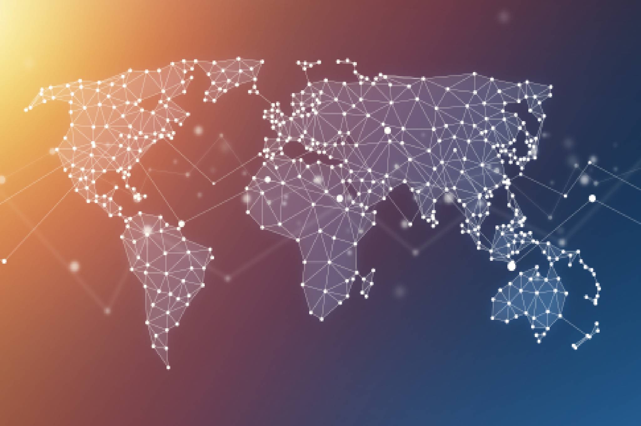 Digital world map with interconnected network nodes.