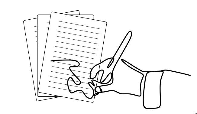 Hand writing on paper with a pen, with additional sheets nearby.